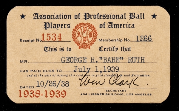 Babe Ruth Association of Professional Ball Players of America membership card