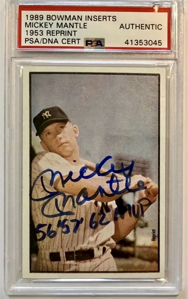 Mickey Mantle Signed and Inscribed 1953 Bowman Reprint (PSA/DNA Authenticated)
