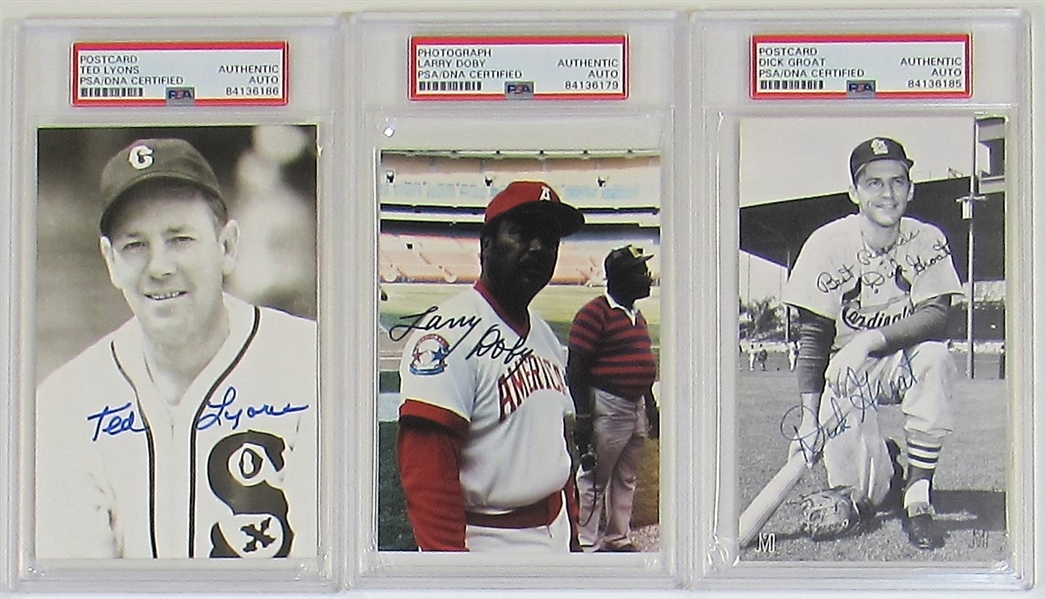 Lot Of 3 Signed PC (Larry Doby, Dick Groat, & Ted Lyons)