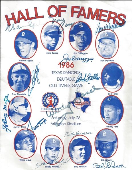 1986 HOF Game Signed Program 12 Sigs (DiMaggio, Banks, Spahn, Drysdale, Koufax, Mays, ETC)