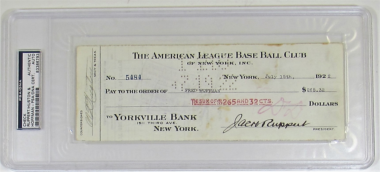 New York Yankees Payroll Check Signed Jacob Ruppert & Fred Hoffman