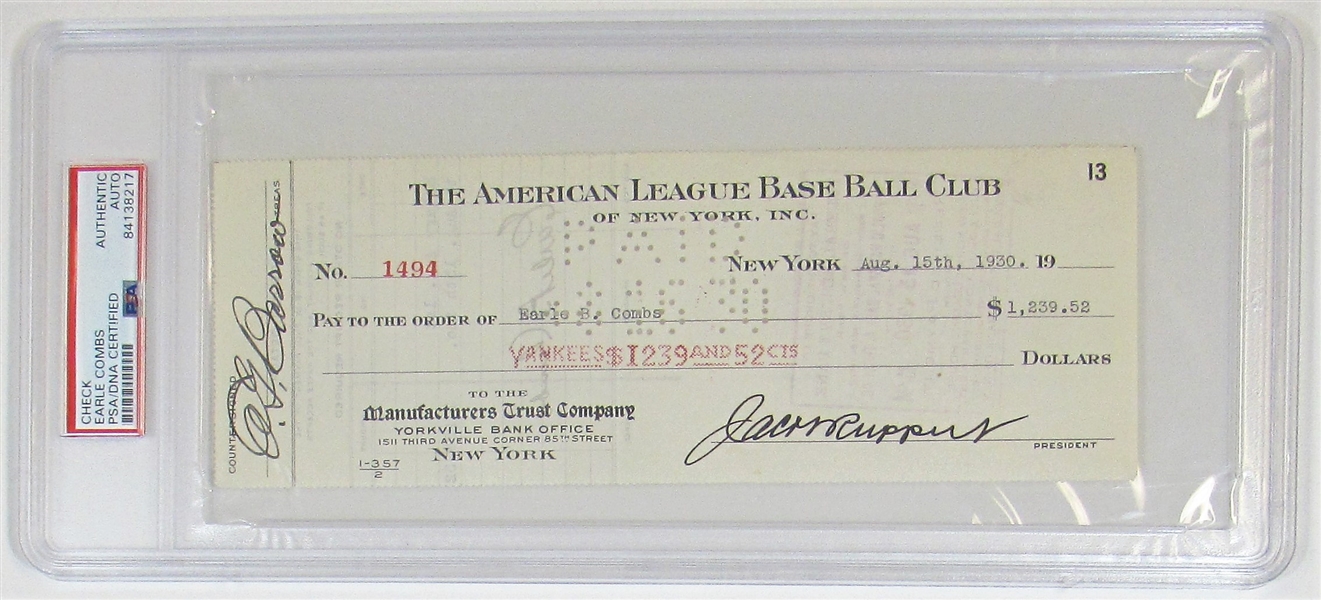 Earle Combs PSA/DNA NY Yankees Paycheck.