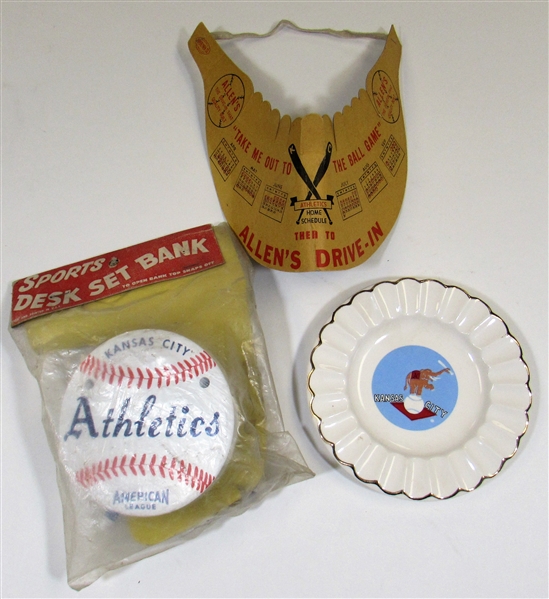 Lot of Kansas City Athletics Souvenirs - Ash Tray - Visor - Bank in Original Package