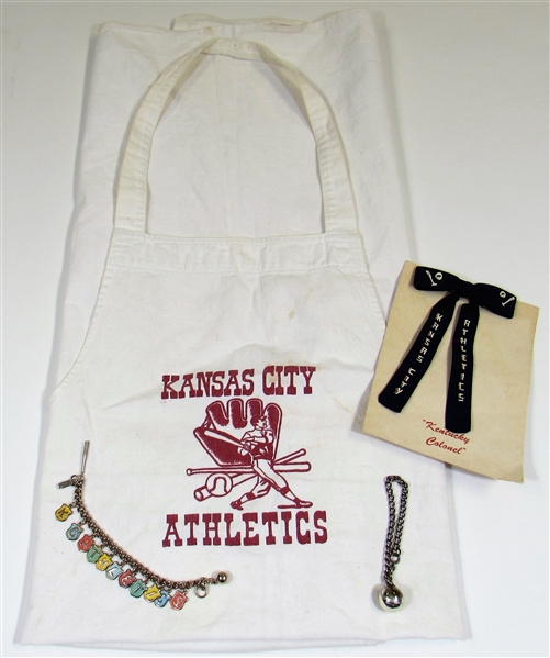 Lot of Kansas City Athletics Souvenirs - Bracelet - Tie Tac - Bow Tie - Apron