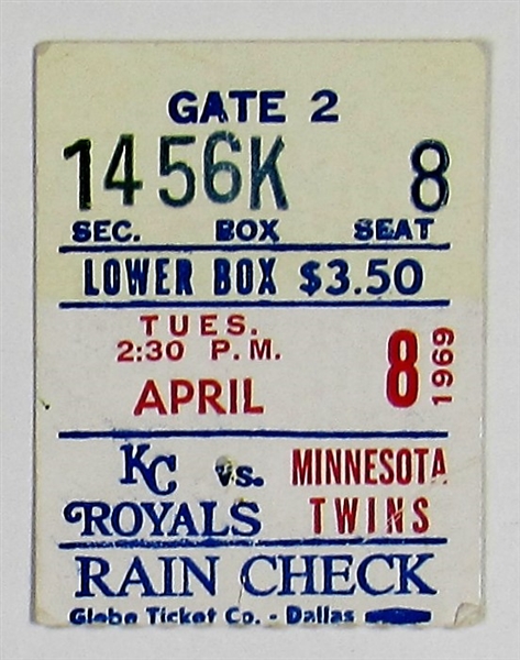 1969 Kansas City Royals 1st Game Ticket Stub