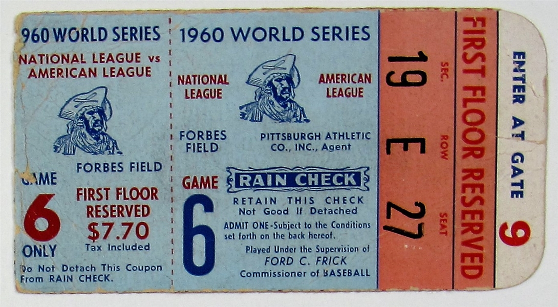 NY Yankees Vs Pittsburgh Pirates 1960 World Series Ticket