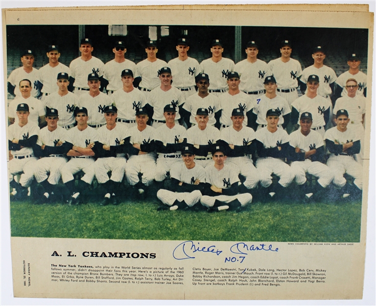 Mickey Mantle Signed 10-23-1960 AL Champions 11x13 News Paper