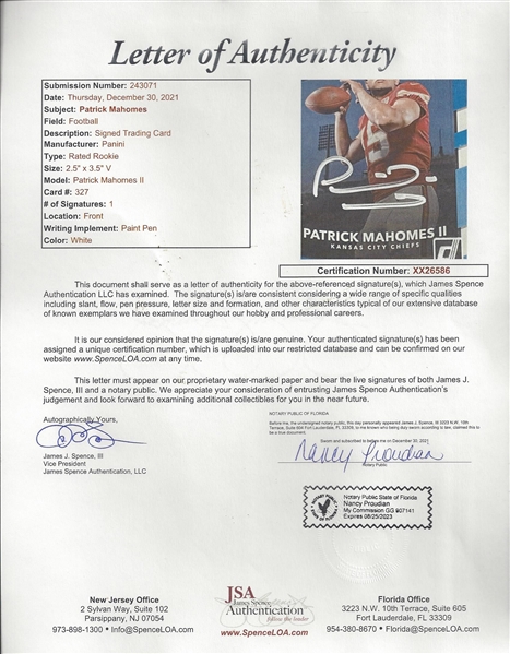 Patrick Mahomes II Signed Card 327 Kansas City Chiefs - JSA