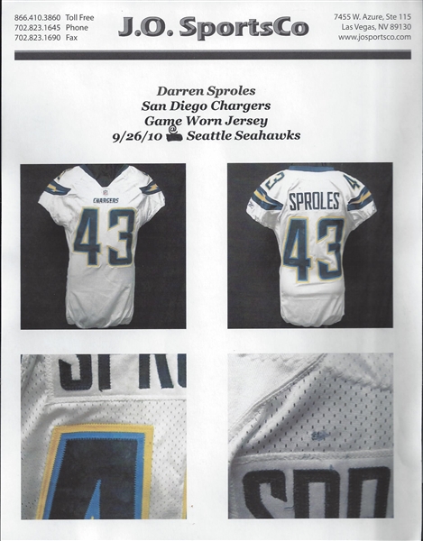 Darren Sproles 9-26-10 Game Used Chargers Jersey