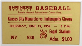 1952 Kansas City Monarchs vs. Indianapolis Clowns Full Ticket