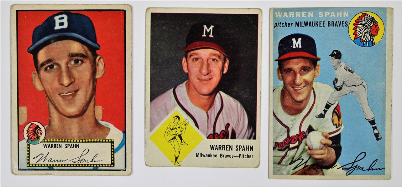 Warren Spahn lot of 3 Vintage Cards
