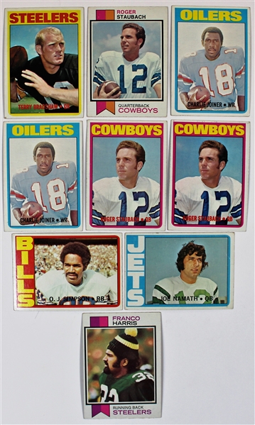Lot of 9 Vintage Football Cards - Namath-Simpson-Bradshaw
