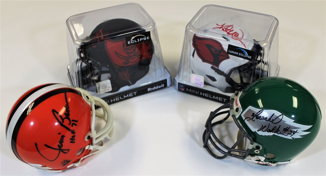 Lot of 4 Signed Mini Helmets - Jim Brown-Hershal Walker-Kurt Warner-Chris Godwin