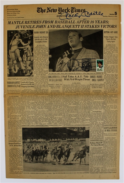 Mickey Mantle Signed Newspaper 3-2-1969 - Mantle Retires - JSA