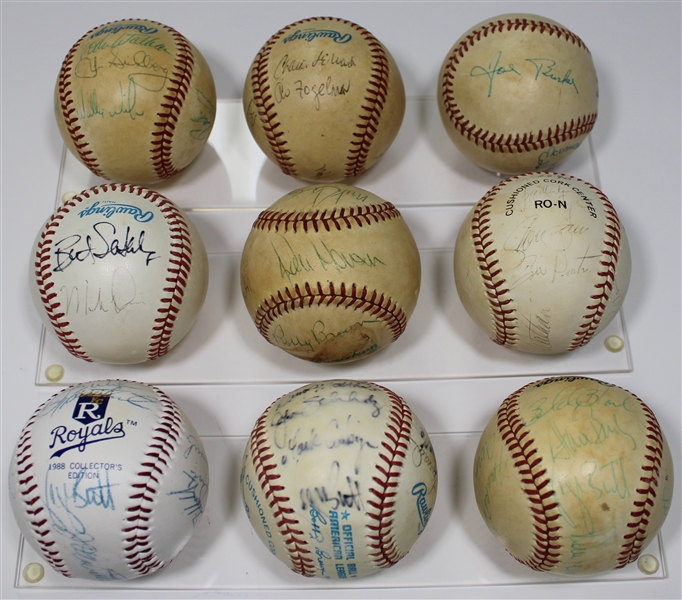 Lot of 9 Kansas City Royals Team Signed Baseballs - George Brett