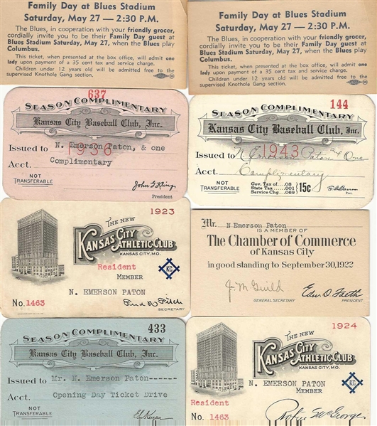 Kansas City Blues Year Passes - N. Emerson Paton Lot of 8