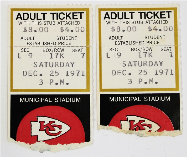 Kansas City VS Miami 12-25-1971 Tickets Longest Game in NFL History