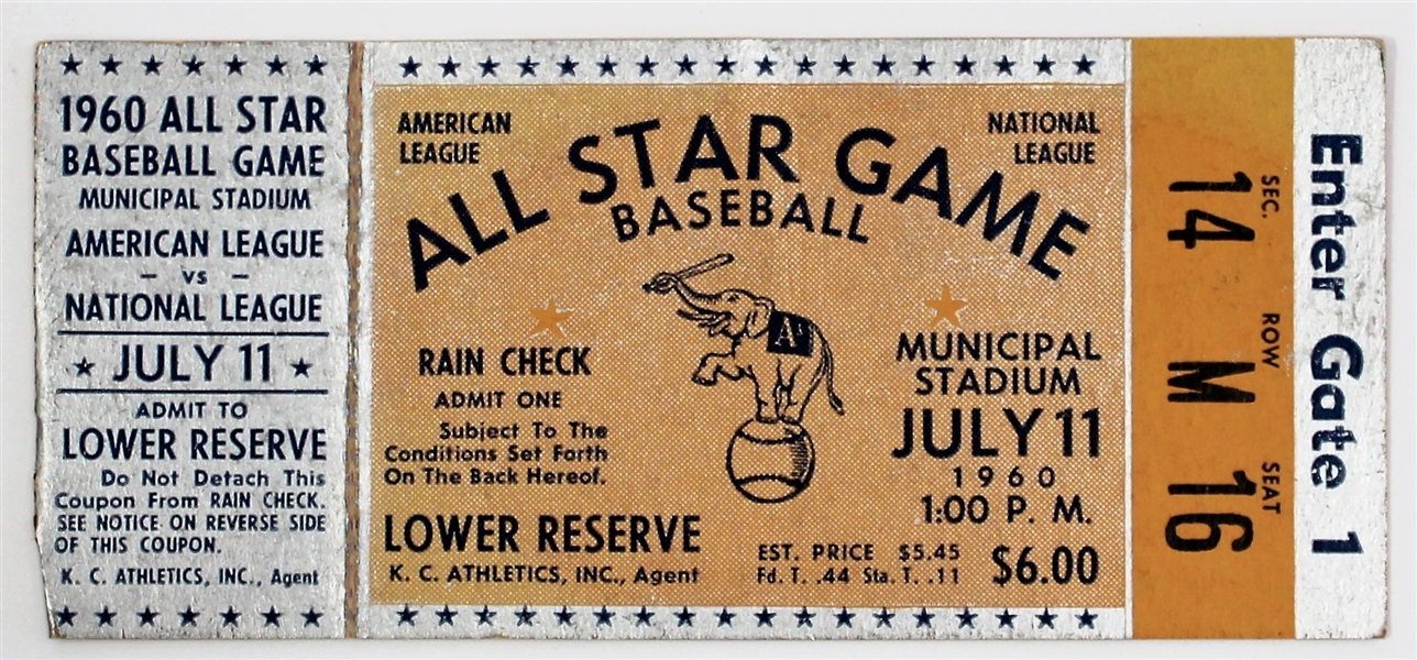 1960 All Star Game Full Ticket KC Municpal Stadium 