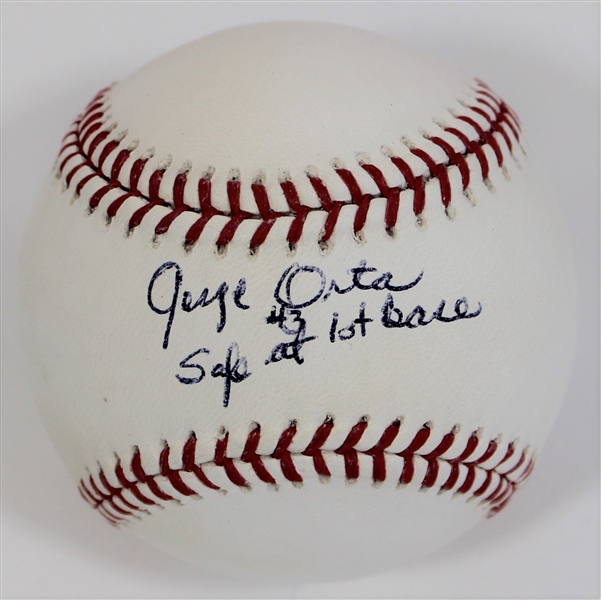 Jorge Orta Signed 1985 WS Baseball Safe at First