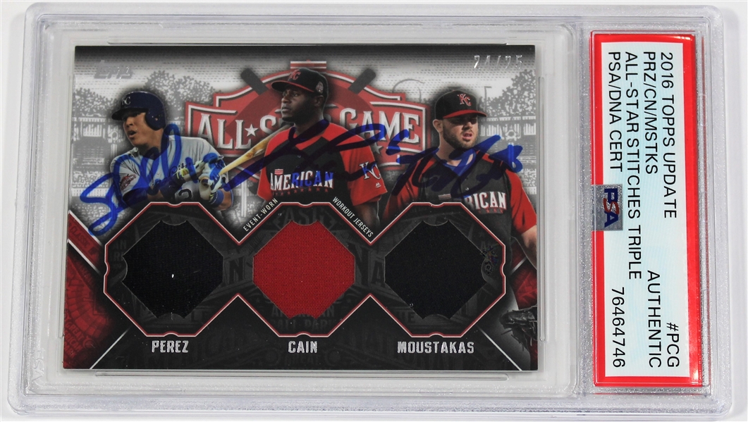 2016 Topps Update All-Star Stitches Triple Signed -Perez-Cain -Moustakas-PSA